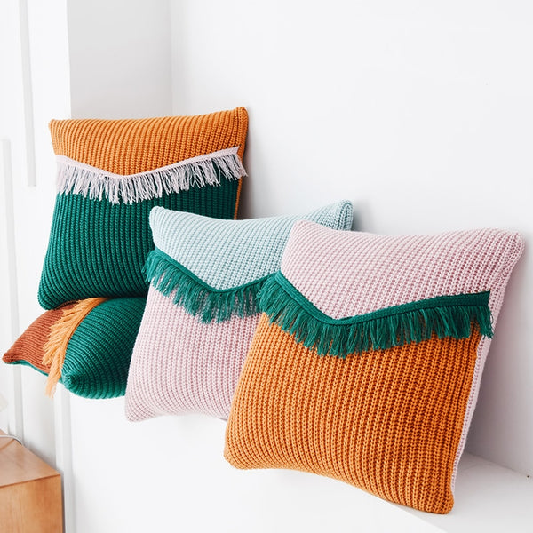 Home Decoration Cushion Cover 45x45cm Tassles Knit Boho style  Patched Color Soft Pillow Cover for Living room Bedroom